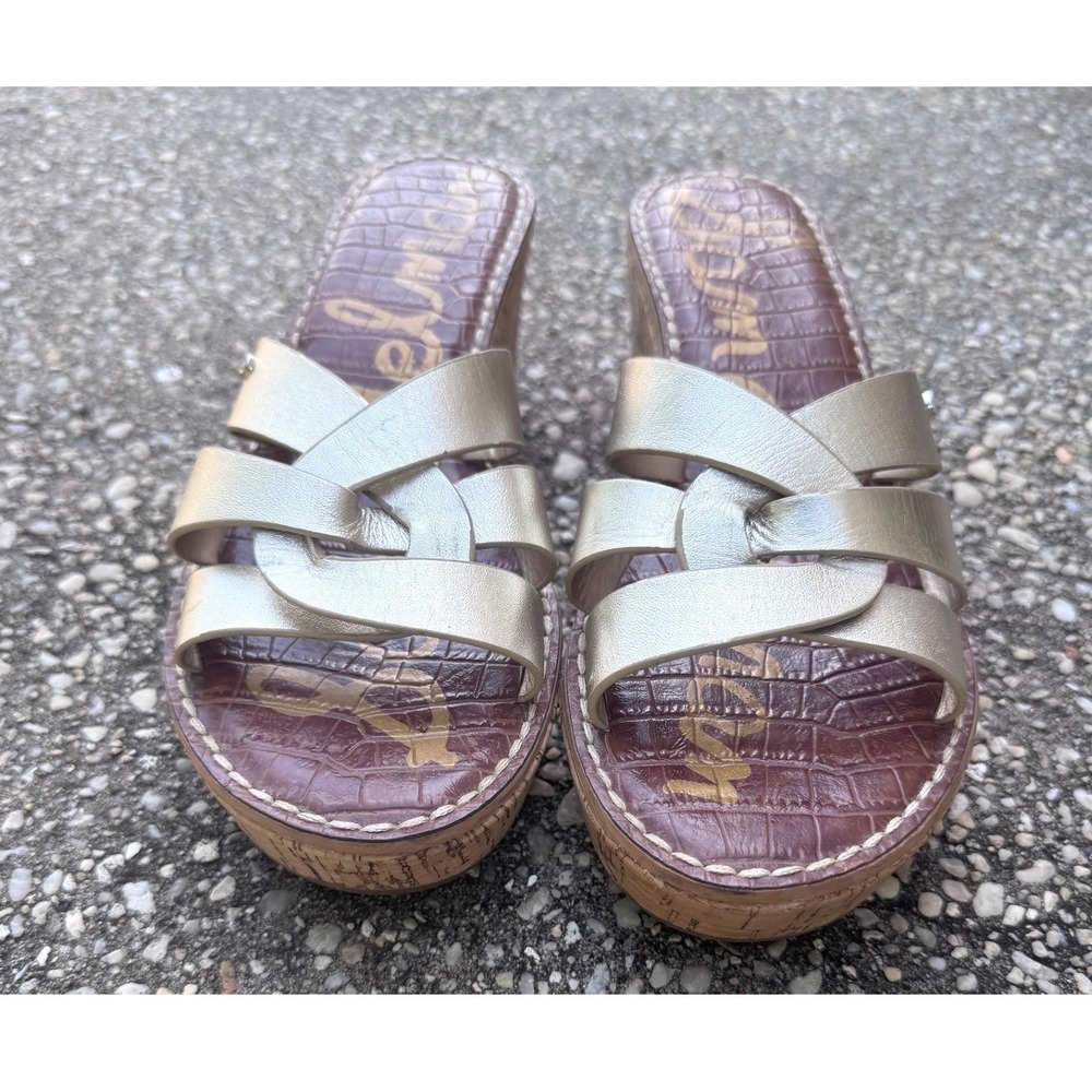 Sam Edelman Raynere Champagne Gold Leather Cork Wedge Platform Mules SZ 8.5
